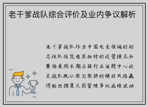 老干爹战队综合评价及业内争议解析