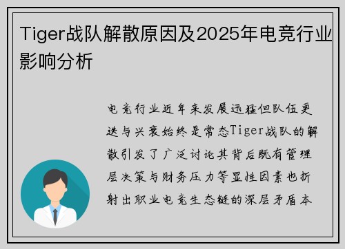 Tiger战队解散原因及2025年电竞行业影响分析