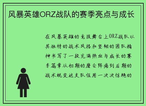 风暴英雄ORZ战队的赛季亮点与成长