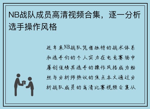 NB战队成员高清视频合集，逐一分析选手操作风格
